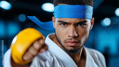 A focused martial artist in a white gi, preparing for action with a confident stance and striking pose. photo