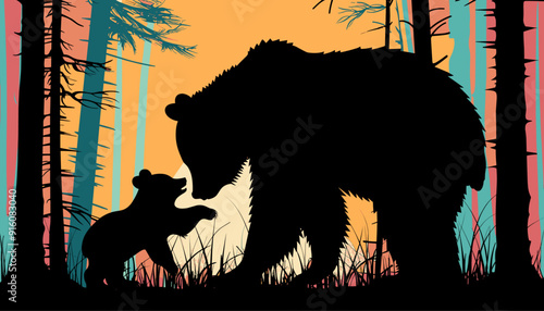 Bear and its cub interacting in a forest during sunset, with tall trees creating a dramatic backdrop silhouette illustration 