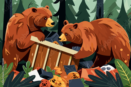 Two brown bears scavenging through a wooden box in a forest, surrounded by discarded objects and green foliage. Vector illustration 