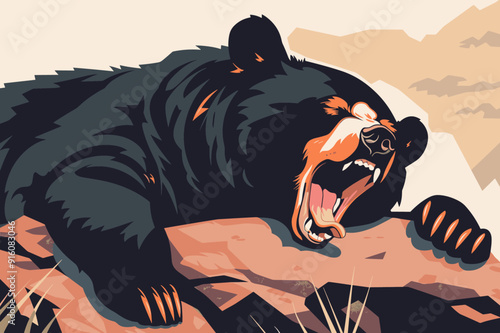 Black Bear resting on a rocky surface and yawns, showing its sharp teeth and muscular build in a fierce posture.