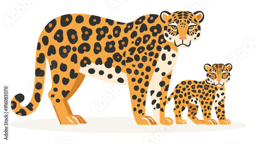 Jaguar mother standing protectively with her cub, both showcasing their distinctive spotted fur and strong bond.