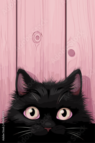 Black cat peeking up over the edge of a pink wooden surface with wide eyes and pointed ears, full of curiosity.