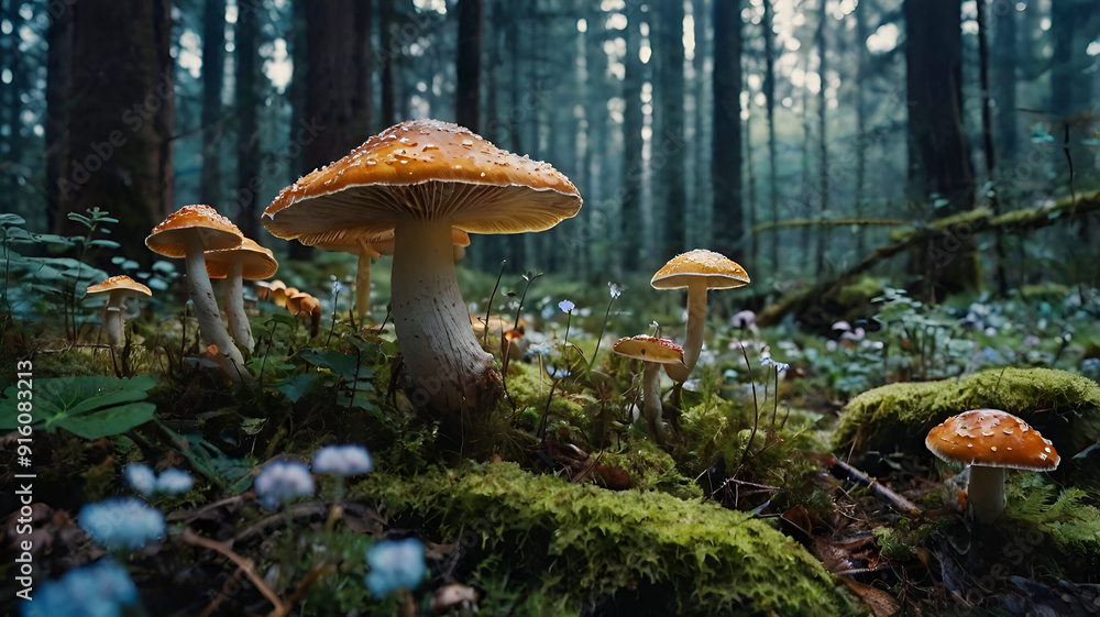 Fototapeta premium Fantastic wonderland forest landscape with mushrooms and flowers background. A vibrant red mushroom with white spots, magical aura, growing in a lush green mossy forest, Ai generative