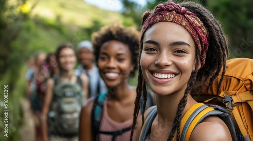 Smiling Woman with Friends on a Hiking Trail