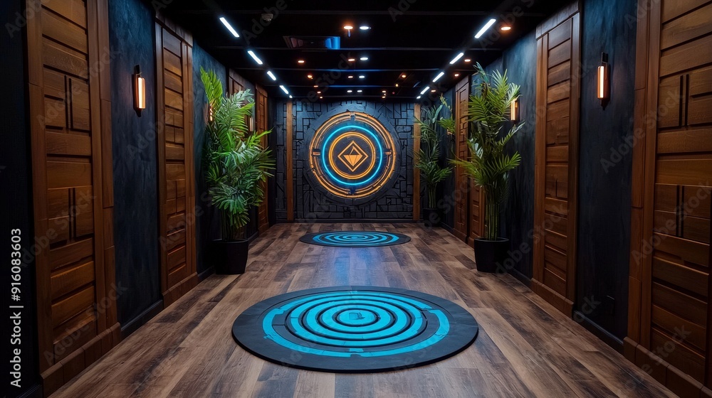 Fototapeta premium A modern hallway featuring circular patterns on the floor, vibrant colors, and wooden accents, creating a unique and inviting atmosphere.