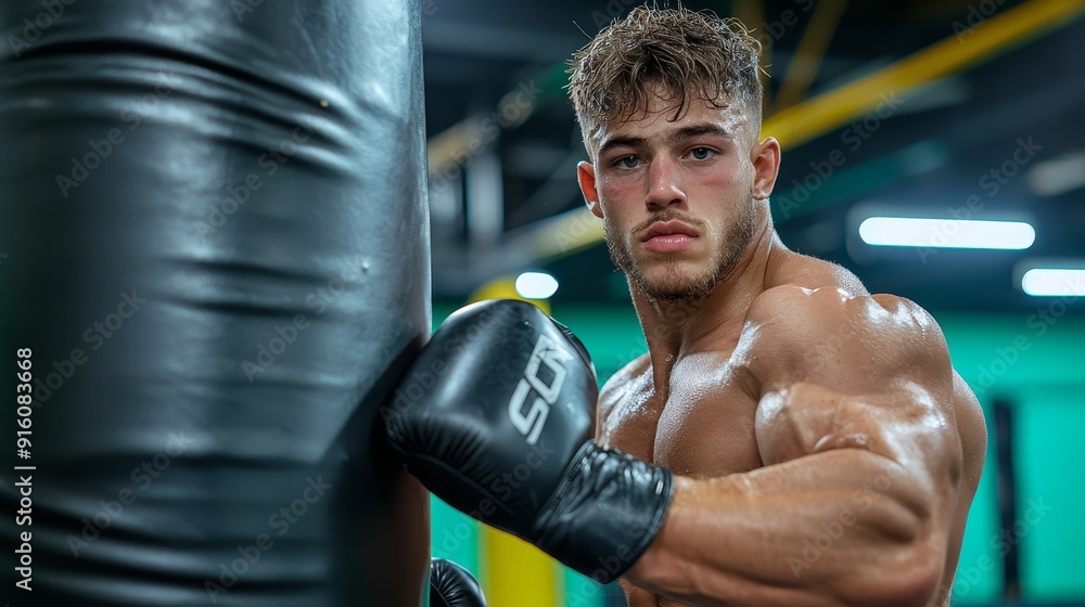 A muscular boxer training with a punching bag in a modern gym, showcasing strength and determination.