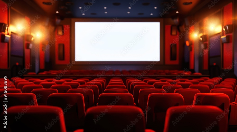 Empty red seats in cinema with blank screen. Empty red seats in cinema with blank screen.