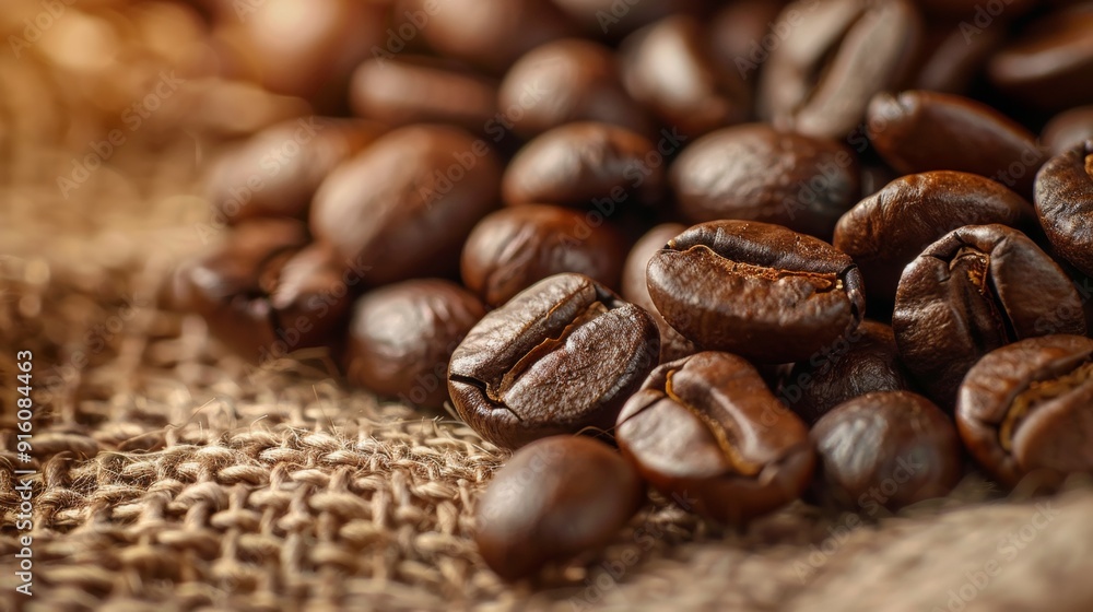 Close-up of roasted coffee beans on burlap Close-up of roasted coffee beans on burlap