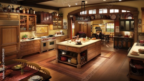 Luxurious kitchen interior with wooden cabinets and island.