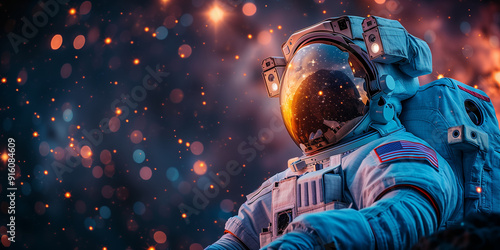 An astronaut in space with a reflective helmet amidst a starry background.