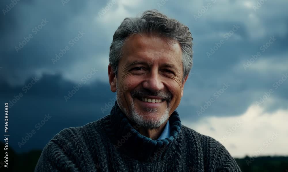 Medium shot portrait video of a pleased man in his 50s wearing a cozy sweater against a dramatic stormy sky background Medium shot portrait video of a pleased man in his 50s wearing a cozy sweater against a dramatic stormy sky background