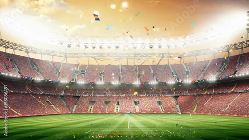 Championship Glory: Confetti-Filled Stadium with Animated Crowd on a Sunny Day