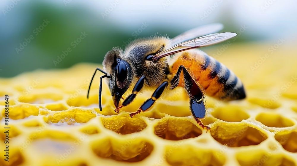 Close-up of a bee collecting nectar from a honeycomb, showcasing its intricate details and vibrant colors. Close-up of a bee collecting nectar from a honeycomb, showcasing its intricate details and vibrant colors.