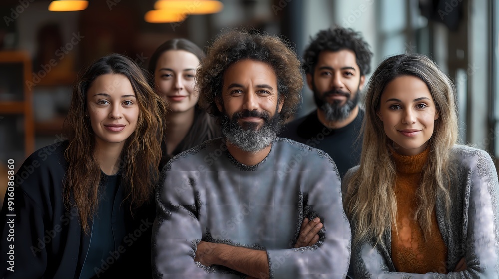 Obraz premium Portrait of diverse creative team looking at camera with cheerful smiles while posing in office, wheelchair user inclusion. Diversity. Ultra realistic. Photorealistic