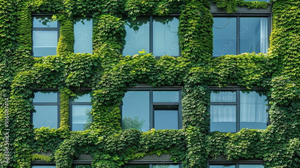 Building facade covered with green ivy and large windows Building facade covered with green ivy and large windows