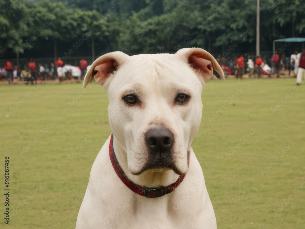 Young white cream asian pakistani indian bully kutta molosser bulldog dog head on cloudy day on green grass clear spacious field terrain background. Young white cream asian pakistani indian bully kutta molosser bulldog dog head on cloudy day on green grass clear spacious field terrain background.