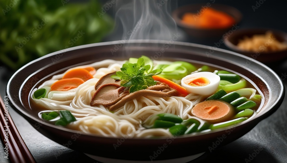 Delicious Hot Noodle Soup with Vegetables and Egg Delicious Hot Noodle Soup with Vegetables and Egg