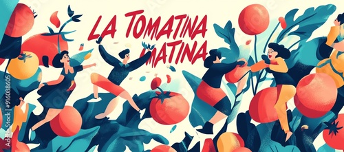 Colorful Illustration of People Throwing Tomatoes and the Words 