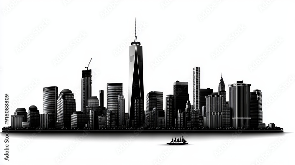 Naklejka premium Silhouette of a modern city skyline featuring skyscrapers, with a boat in the foreground against a white background.