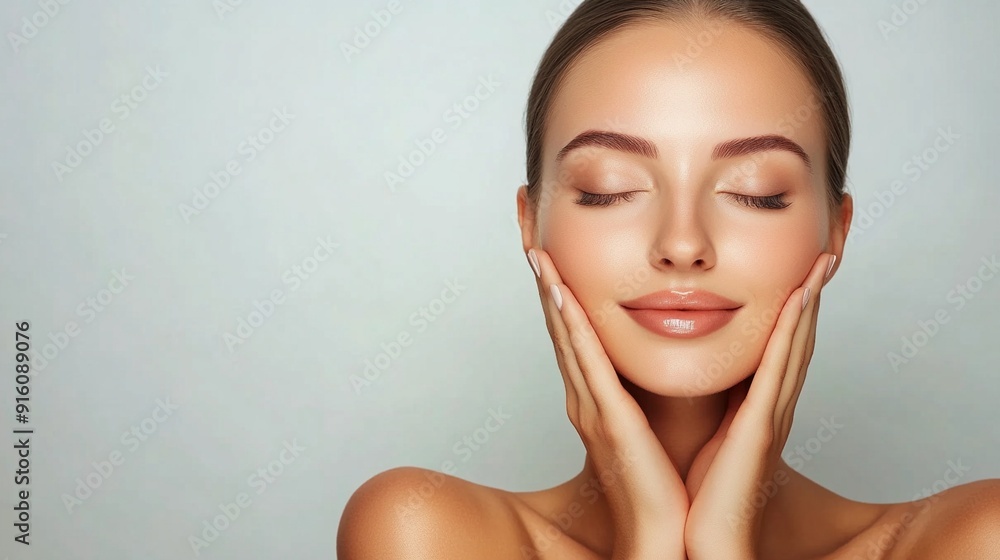 Serene beauty radiates in this close-up portrait, showcasing flawless skin, closed eyes, and gentle hands framing a content face against a soft backdrop. Serene beauty radiates in this close-up portrait, showcasing flawless skin, closed eyes, and gentle hands framing a content face against a soft backdrop.