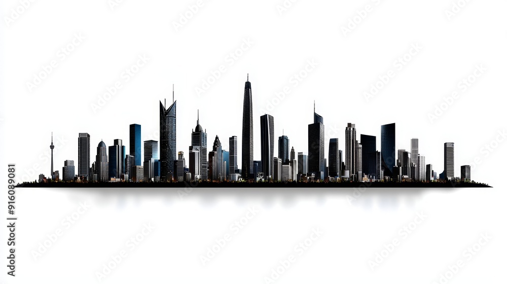 Fototapeta premium Stylish city skyline silhouette against a white background, showcasing modern architecture and urban design.