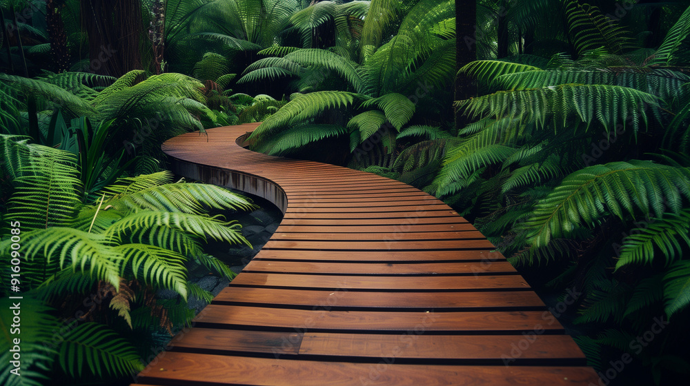 A winding wooden pathway through lush green ferns in a tranquil forest setting. A winding wooden pathway through lush green ferns in a tranquil forest setting.