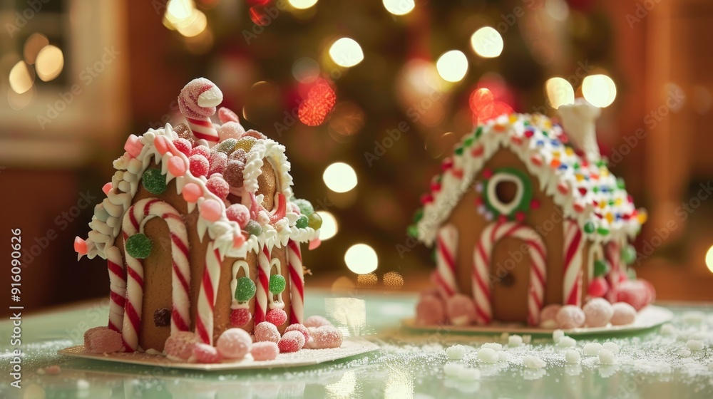 Naklejka premium Gingerbread houses adorned with candy canes and gumdrops, a delightful Christmas tradition.