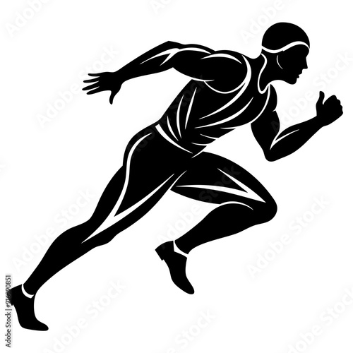 Black Vector Logo of Male Runner - Minimalist Silhouette with Sharp Edges, Art Deco Style, Dynamic Action Pose for Sports Equipment Packaging