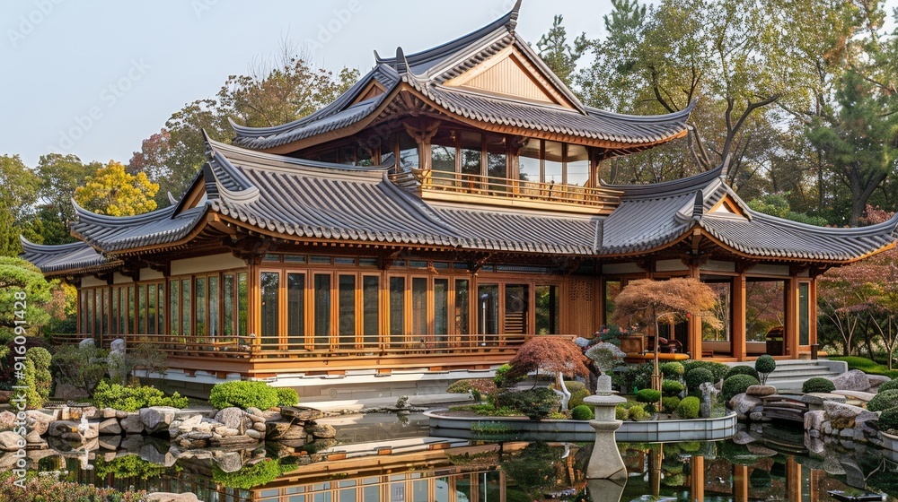 Explore the cultural symbolism of architectural elements in an Asian-inspired house exterior. Explore the cultural symbolism of architectural elements in an Asian-inspired house exterior.