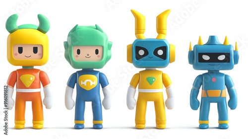 Four 3D Cartoon Robots Standing in a Row