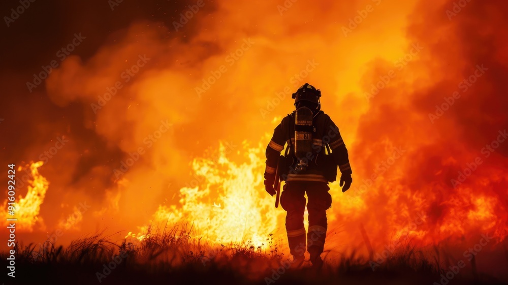 Fototapeta premium Firefighter in protective gear stands front of intense flames, ready to battle fire