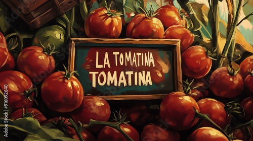 A Sign for the La Tomatina Festival with Tomatoes photo