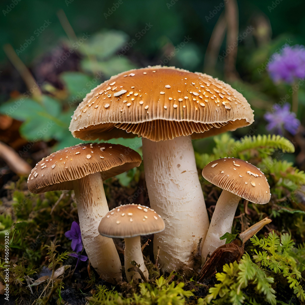 Fototapeta premium Fantastic wonderland forest landscape with mushrooms and flowers background. A vibrant red mushroom with white spots, magical aura, growing in a lush green mossy forest, Ai generative