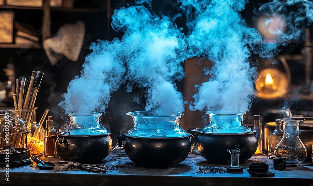 Three Cauldrons with Blue Smoke on a Wooden Table Three Cauldrons with Blue Smoke on a Wooden Table
