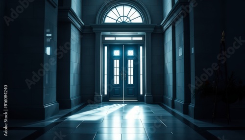 Dark Hallway with Light Streaming in Through an Open Door.