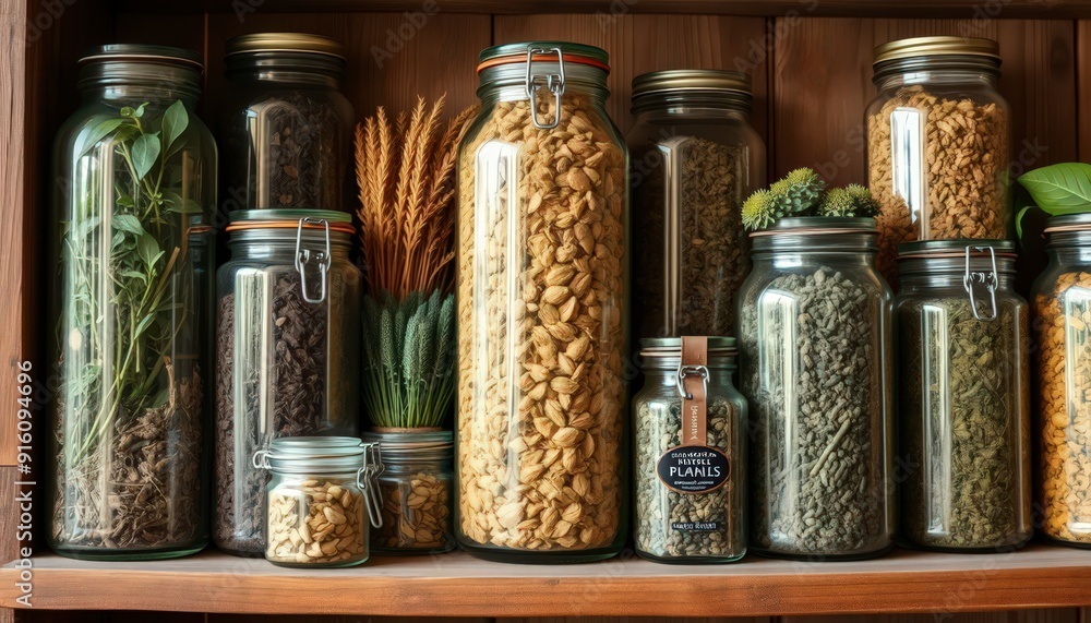 Dried Herbs and Flowers in Glass Jars on Wooden Shelf. Dried Herbs and Flowers in Glass Jars on Wooden Shelf.
