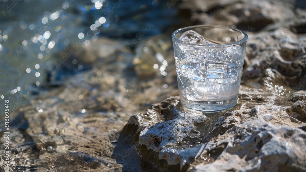 Clear glass of water on rocky surface beside Bright sunlight Clear glass of water on rocky surface beside Bright sunlight