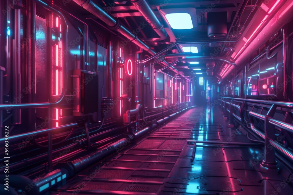 Geometric figure in neon light against a dark tunnel creating sci-fi environment Geometric figure in neon light against a dark tunnel creating sci-fi environment