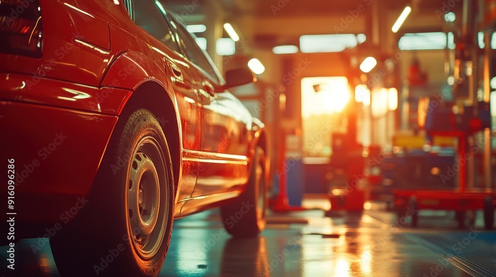 Red car in a garage at sunset Red car in a garage at sunset