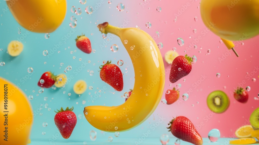Vibrant floating fruits in water with a colorful background Vibrant floating fruits in water with a colorful background