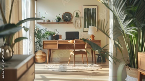 Minimalist Home Office with Wooden Desk and Natural Decor