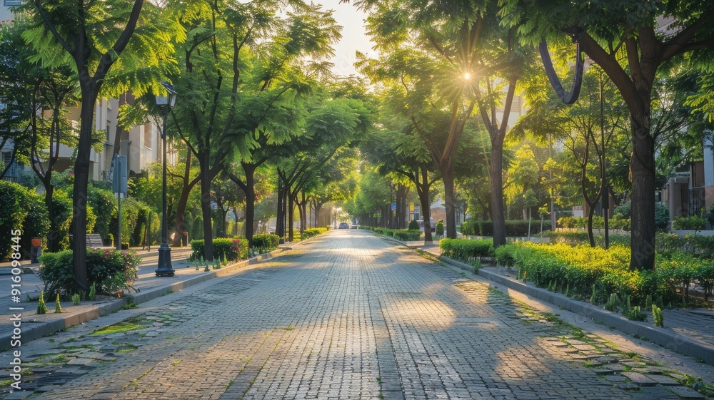 Obraz premium Peaceful tree-lined street with sunlit cobblestone path