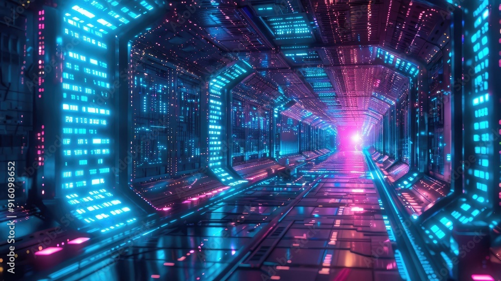 Neon Lights Illuminate a Futuristic Corridor Neon Lights Illuminate a Futuristic Corridor