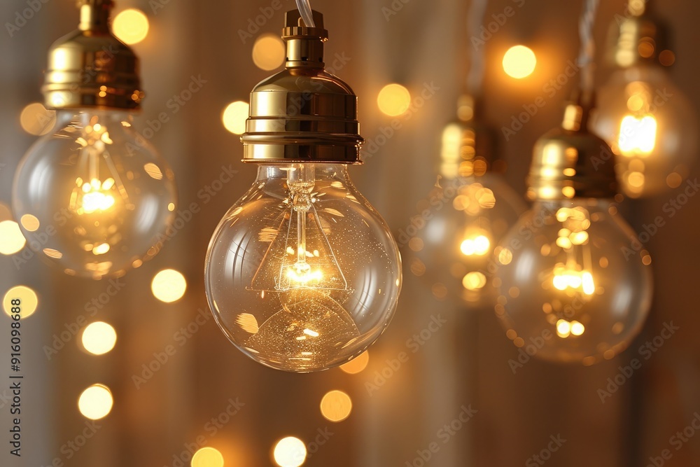 A String of Golden Light Bulbs with a Bokeh Background A String of Golden Light Bulbs with a Bokeh Background