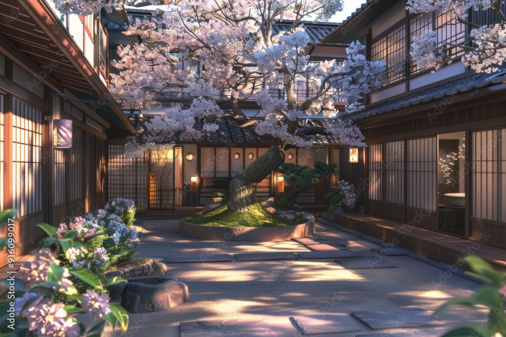 Traditional japanese front yard with a garden in front, featuring blooming sakura tree Traditional japanese front yard with a garden in front, featuring blooming sakura tree
