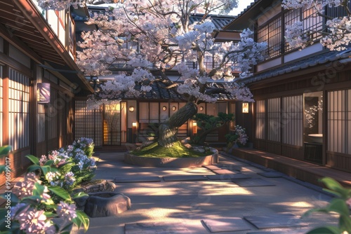 Traditional japanese front yard with a garden in front, featuring blooming sakura tree