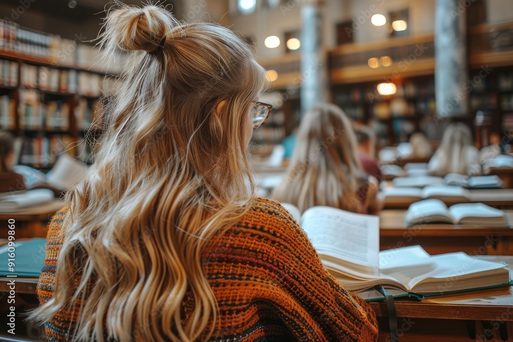 Blonde Woman Studying in a Library with Books and a Desk Blonde Woman Studying in a Library with Books and a Desk