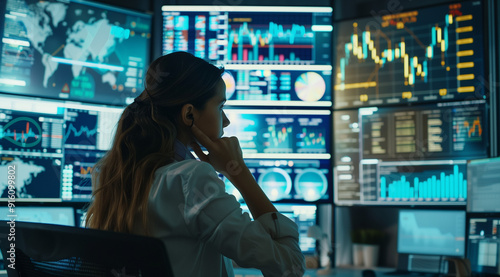 A professional analyzing data on multiple screens in a trading environment.