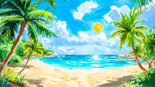 Tropical beach with palm trees and blue sky shining on idyllic ocean paradise