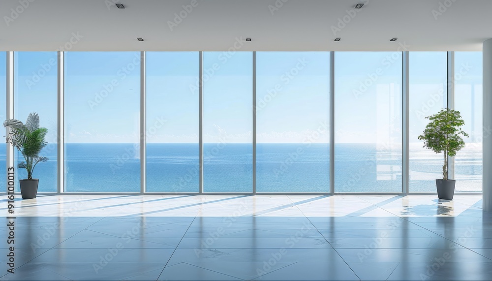 Fototapeta premium An empty office with full glass window facing to the open wide blue ocean